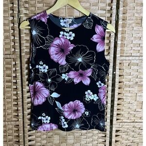 Susan‎ Lawrence Black Floral Sleeveless Top Women's Size L Layering